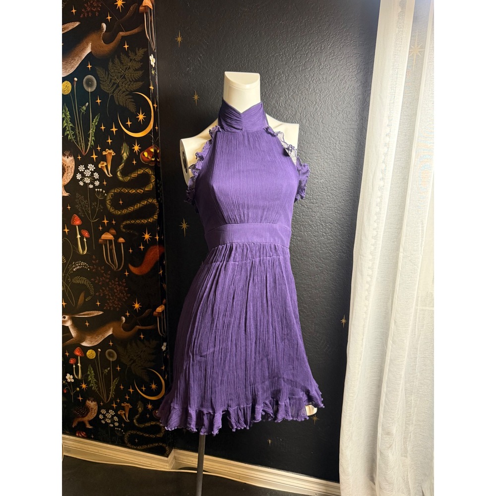 BCBG Paris Purple 100% Silk Halter Ruffle Mini Dress Size 2